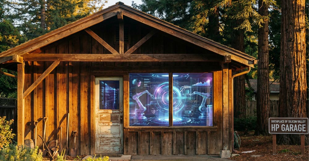 Historic HP Garage in Palo Alto with futuristic AI interface displayed through the window