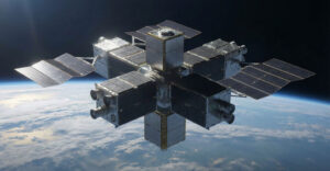 Modular satellite architecture in low Earth orbit showing solar-powered infrastructure for space-based data processing