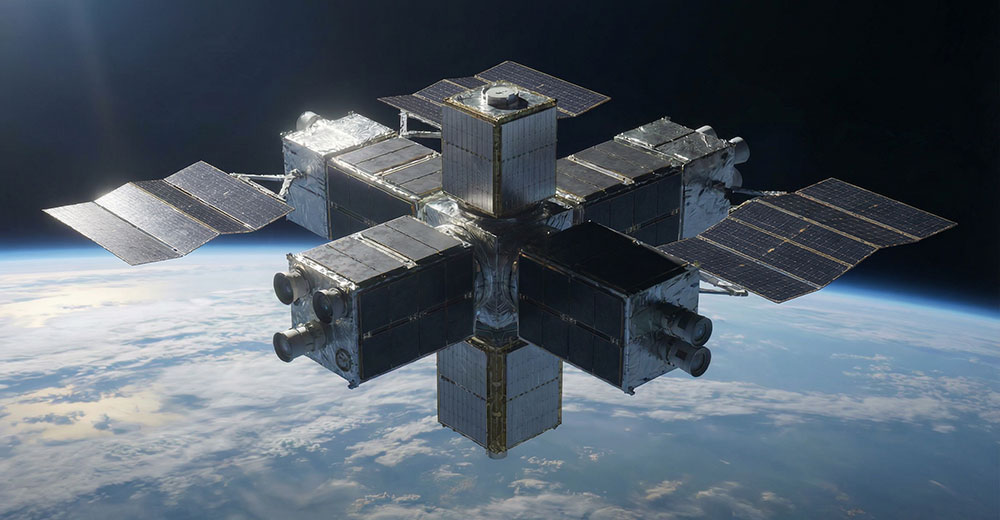 Modular satellite architecture in low Earth orbit showing solar-powered infrastructure for space-based data processing