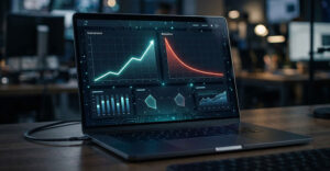 AI app analytics dashboard showing rising conversion rates alongside sharply declining user retention on a laptop screen