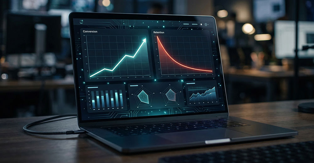 AI app analytics dashboard showing rising conversion rates alongside sharply declining user retention on a laptop screen