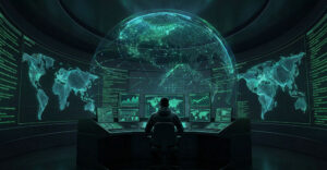 AI-powered military command center monitoring global drone and cyber operations