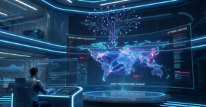 AI-powered cybersecurity system monitoring global cyberattack activity and network threats.