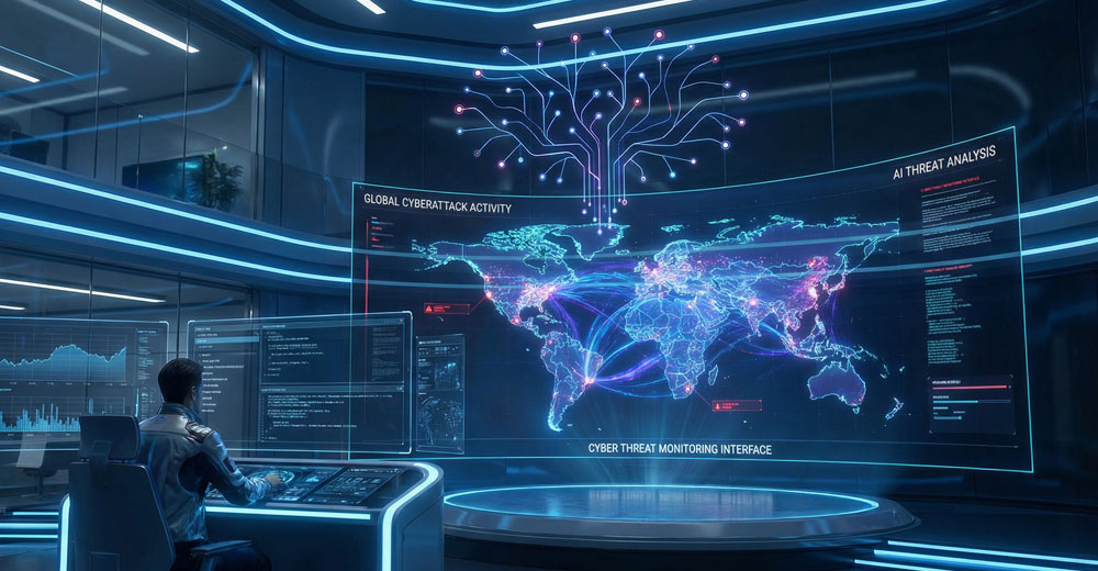 AI-powered cybersecurity system monitoring global cyberattack activity and network threats.