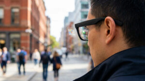 Person wearing AI smart glasses with navigation interface while walking in a city