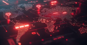 Global map showing increased cyberattack activity and network traffic spikes linked to geopolitical conflict