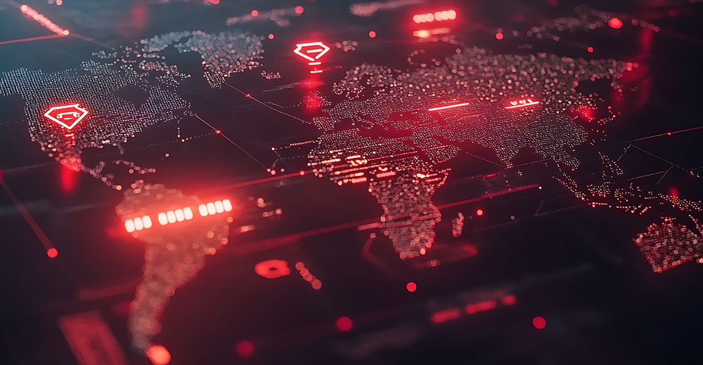 Global map showing increased cyberattack activity and network traffic spikes linked to geopolitical conflict