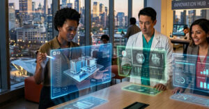 Professionals using HP IQ interface with holographic data displays in a collaborative workspace