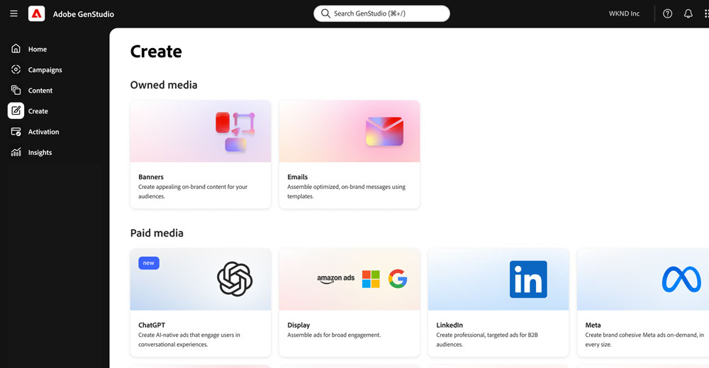 Adobe GenStudio interface showing content creation and paid media workflows with integrations for ChatGPT, Google, LinkedIn, and Meta