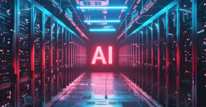 AI data center corridor with illuminated servers representing concentrated computing power