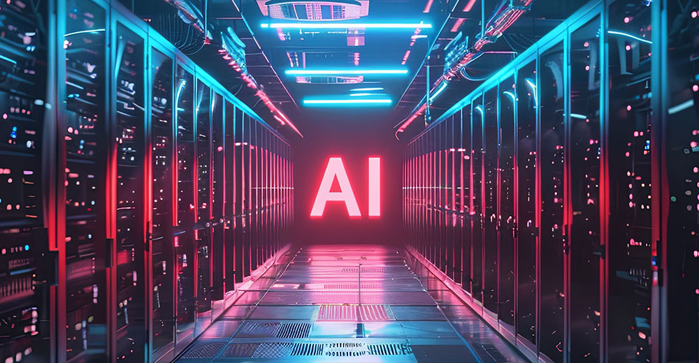 AI data center corridor with illuminated servers representing concentrated computing power
