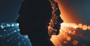 Human profile contrasted with a digital face made of data points, representing AI-driven digital twin identity
