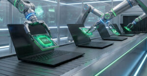 Robotic arms installing GPUs into laptop computers on an assembly line