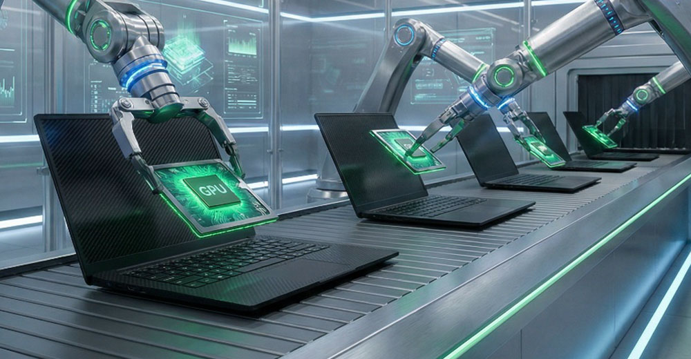 Robotic arms installing GPUs into laptop computers on an assembly line