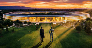 Concept image of Apple Park with a humanoid robot and executive walking toward the campus, symbolizing Apple’s leadership transition and AI-driven future