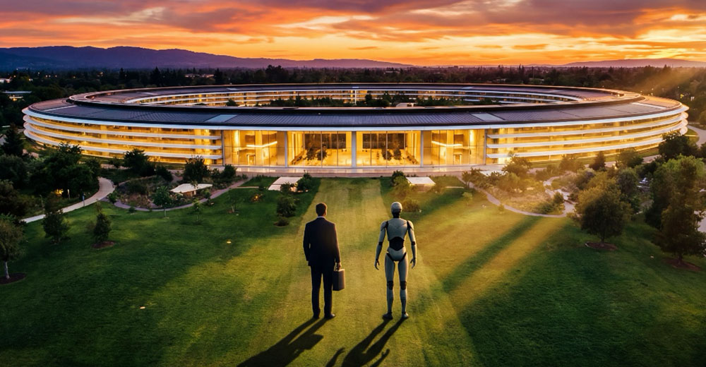 Concept image of Apple Park with a humanoid robot and executive walking toward the campus, symbolizing Apple’s leadership transition and AI-driven future