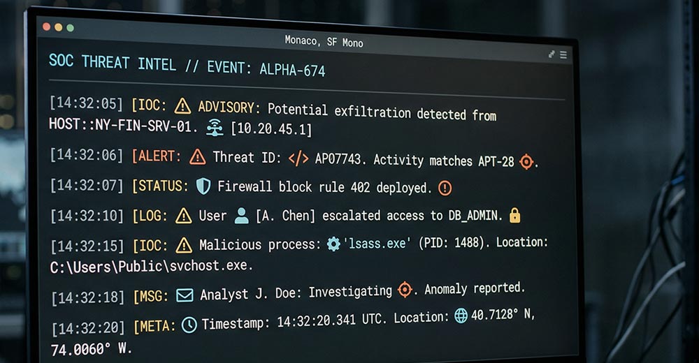 Cybersecurity interface showing symbols embedded in threat intelligence data to signal activity and alerts