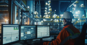 Operator monitoring industrial control systems in a critical infrastructure facility with digital control screens