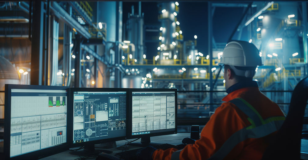 Operator monitoring industrial control systems in a critical infrastructure facility with digital control screens