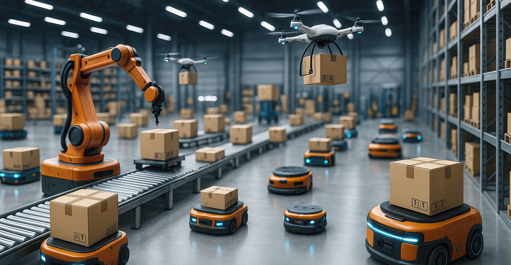 Autonomous mobile robots and robotic arm coordinating warehouse tasks in shared environment