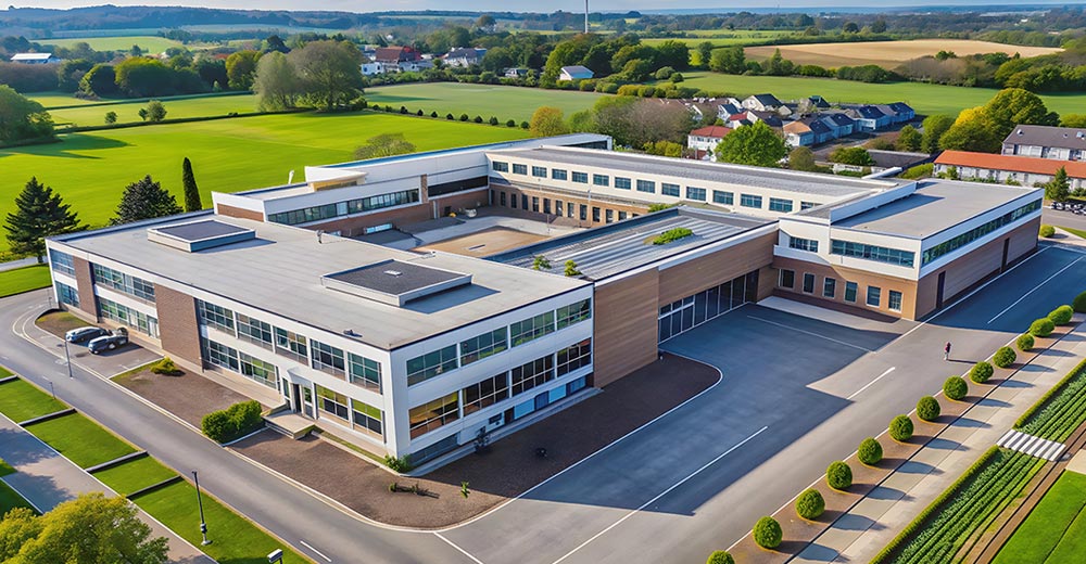 Aerial view of a modern school campus with buildings, parking areas, and surrounding grounds