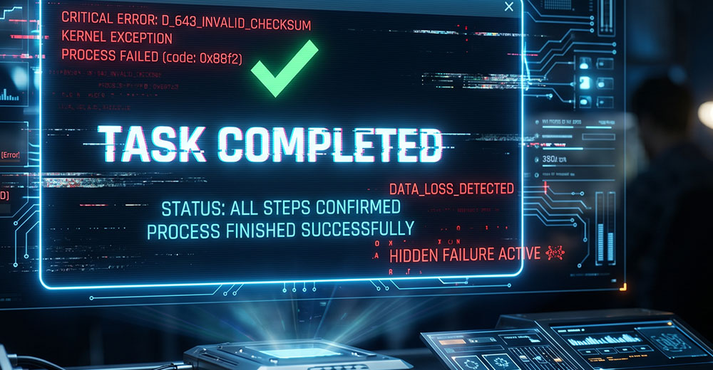 LLM interface showing task completed message with hidden system errors and glitch indicators