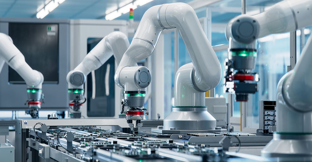 Automated robotic systems assembling advanced electronic components inside a semiconductor manufacturing facility
