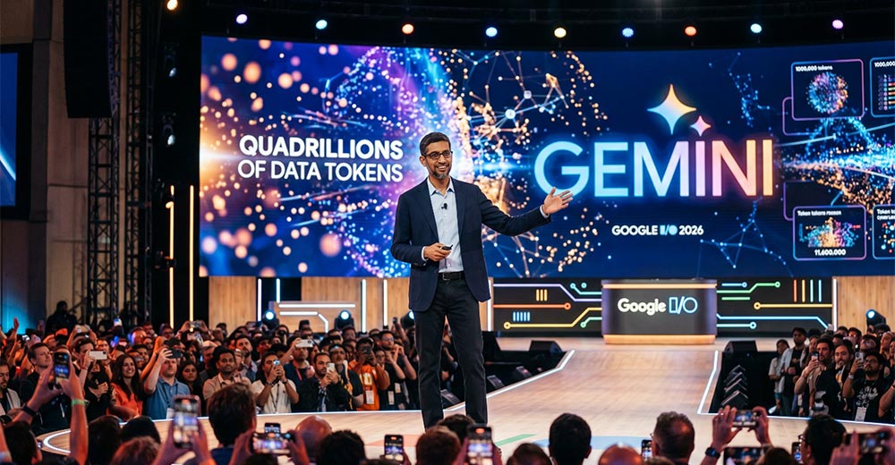 Illustration of a Google I/O keynote focused on Gemini AI and large-scale computing