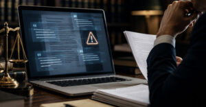 Attorney reviewing digitally assisted legal documents in a law office as firms increase oversight of AI-integrated workflows
