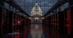 Data center servers frame a view of the U.S. Capitol, illustrating the intersection of artificial intelligence infrastructure, cybersecurity, and government regulation.