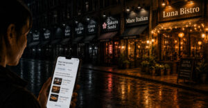 Person using a smartphone in a nighttime restaurant district while only a few nearby restaurants stand out.