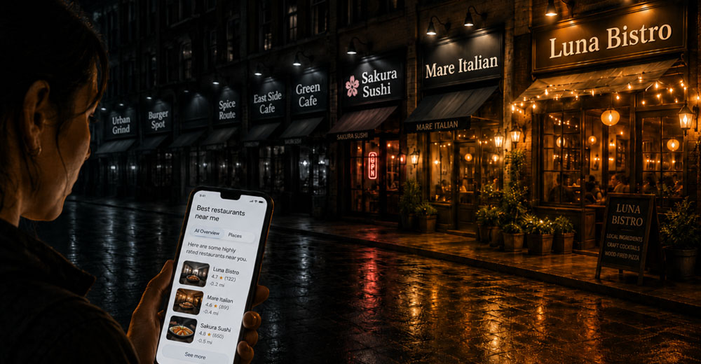 Person using a smartphone in a nighttime restaurant district while only a few nearby restaurants stand out.