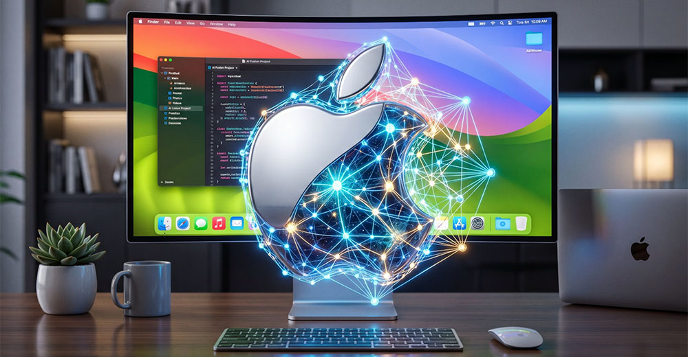 Apple AI concept image showing a neural network integrated with a Mac desktop environment