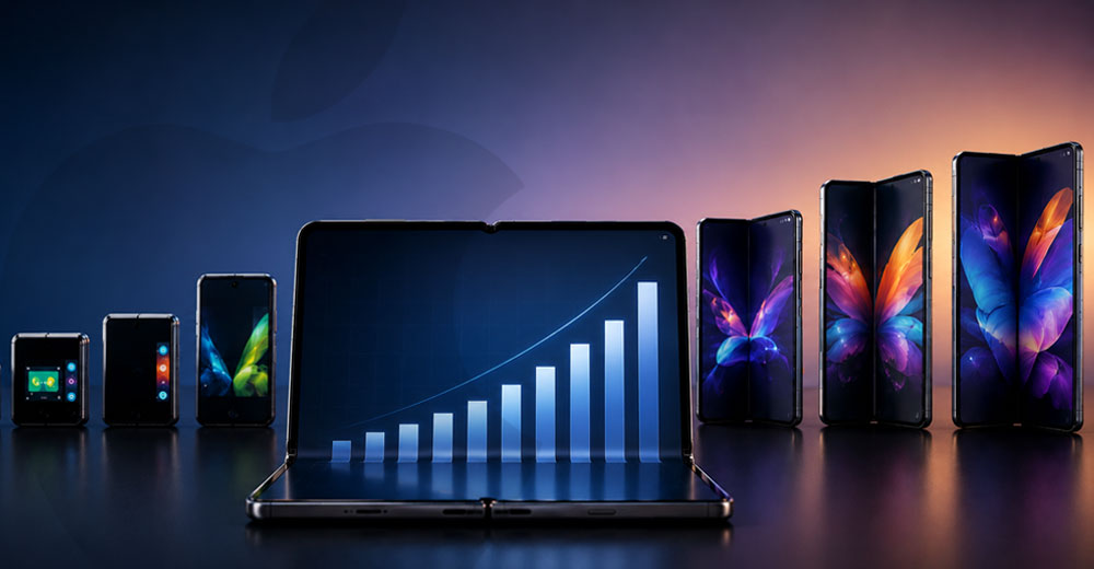 Foldable smartphones arranged around a larger foldable device displaying an upward growth chart, representing rising consumer interest and market potential for Apple foldable phones.