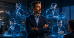 Business professional surrounded by AI-powered versions of himself representing scalable expertise