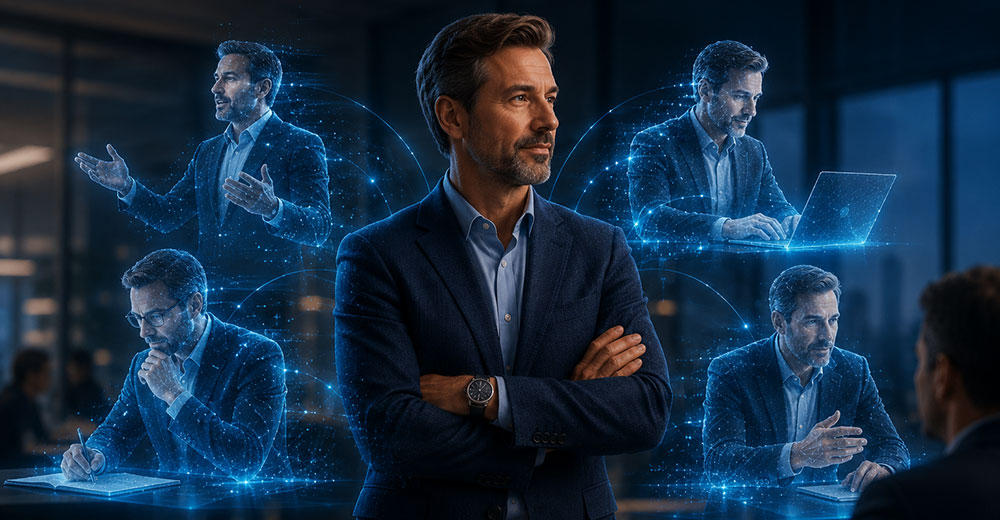 Business professional surrounded by AI-powered versions of himself representing scalable expertise